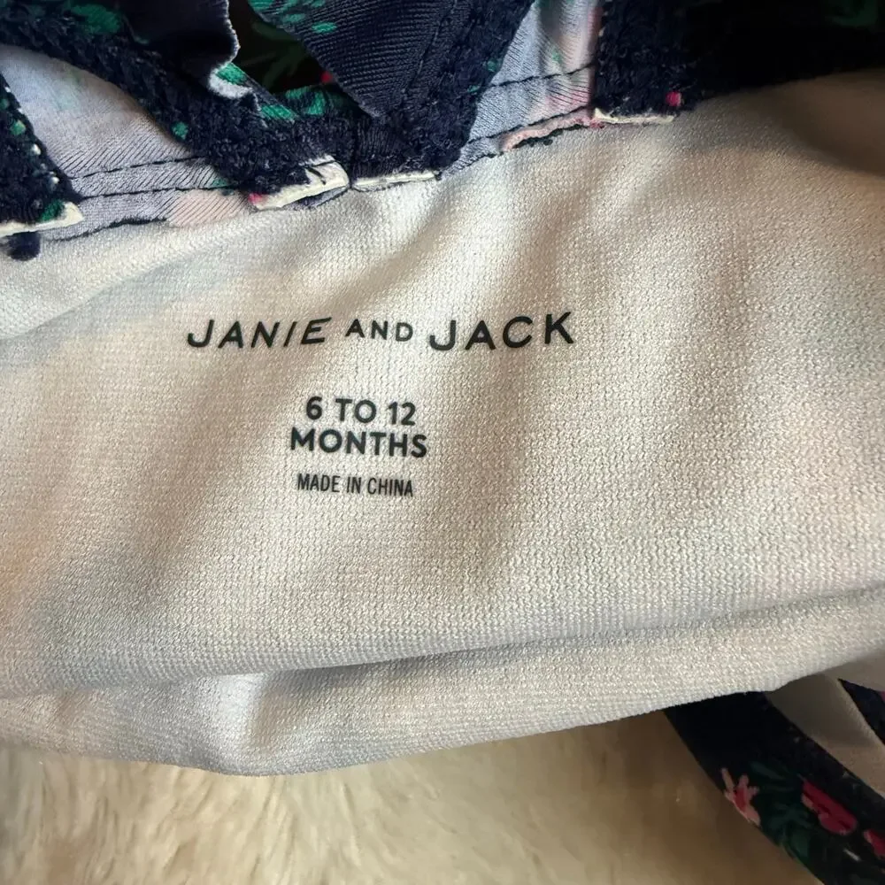 Janie Jack Swimsuit One Piece Navy Blue Pink Ruffle Bow Baby Girl 6-12 Months